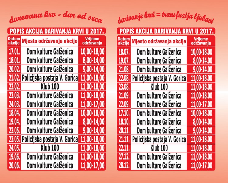 Kalendar akcija dobrovoljnog darivanja krvi za 2017 godinu
